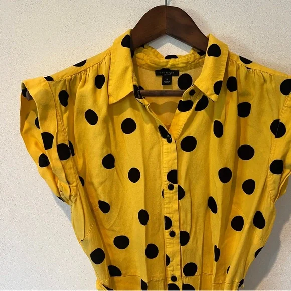 Ann Taylor Yellow and Black Polka Dot Maxi Dress Tiered Skirt Buttons Size 12 - Picture 2 of 9